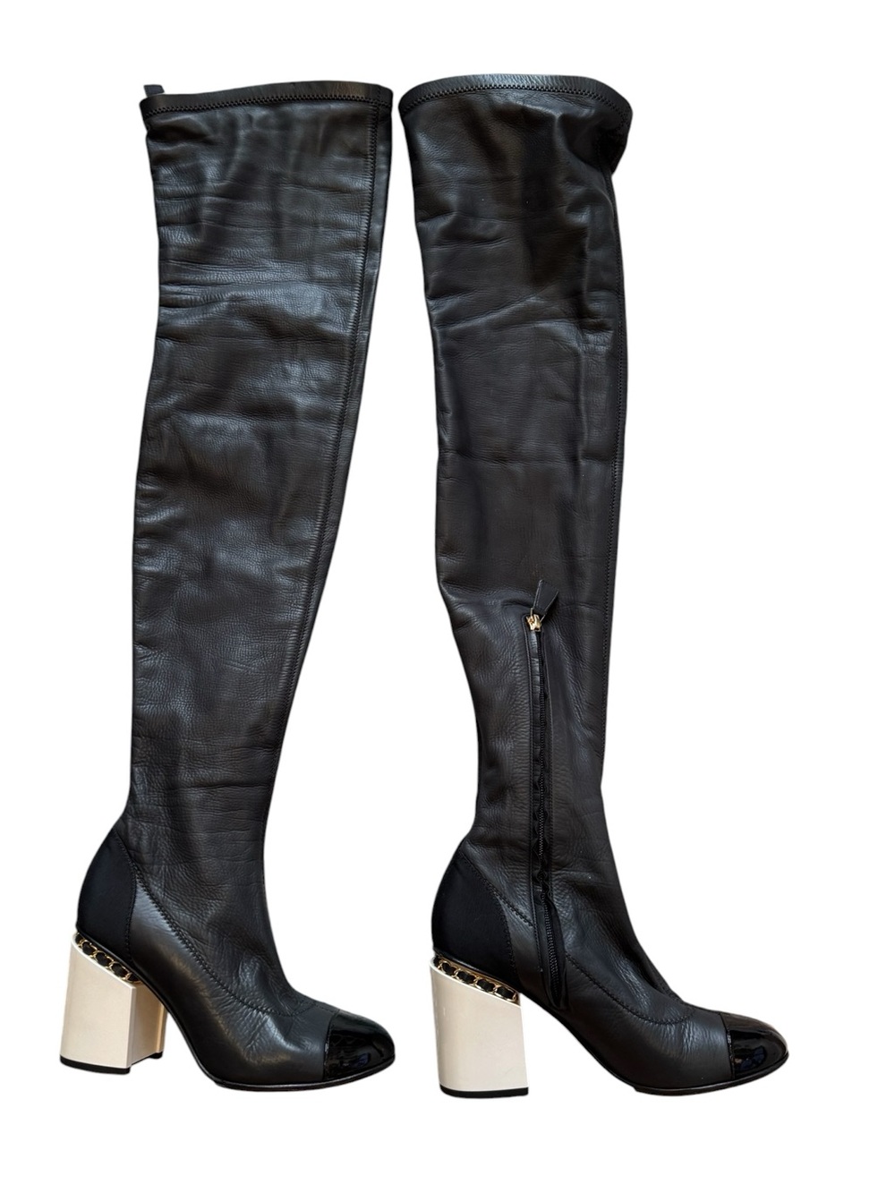 Chanel black leather Over-The-Knee Women's Boot with chain Accent Heel cc logo - Picture 7 of 16